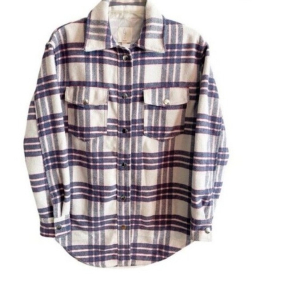 Joie Casual Plaid Shirt/Jacket Wool Blend - White and Blue
